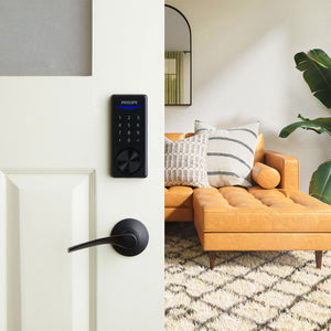 Philips 800 Series Z-Wave Long Range Door Lock DDL240X-15HZW Installed on doors in a modern interior