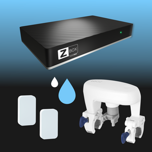 Z-Box Smart Flood Protection Kit Graphic showing all devices in the kit: Zooz Titan Shut-off valve, 1 Zooz Leak Sensors, and the Z-Box Hub