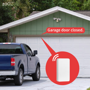 Zooz 800 Series Z-Wave Long Range XS Tilt | Shock Sensor ZSE43 800LR Lifestyle Image showing a car, garage door, and the sensor