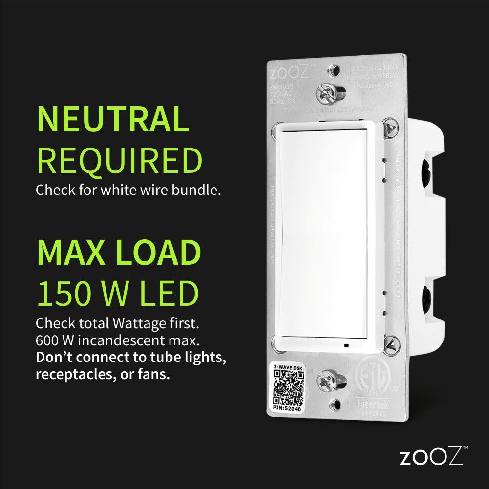 Zooz 800 Series Z-Wave Plus S2 On / Off Wall Switch ZEN76 Electrical Requirements